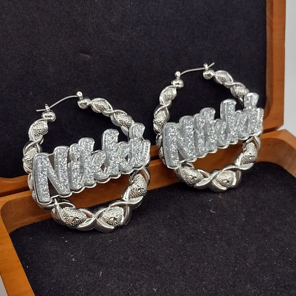 Custom XOXO Name and Background Silver Hoop Earrings Custom XOXO Name and Background Silver Hoop Earrings