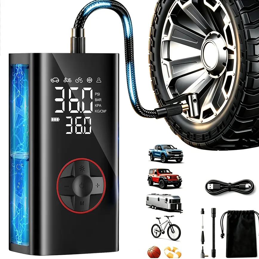 Portable Tire Inflator - Powerful Motor, 3x Faster Inflation, Wireless 160PSI Air Pump with Digital Pressure Gauge/LED Light, Suitable for Car Tire, Motorcycle, bicycle, and ball Inflator