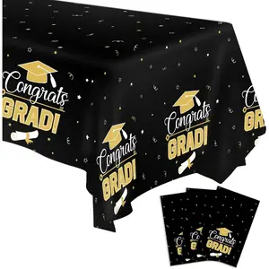 3 Pieces Graduation Tablecloth, 2026 Graduation Party Decorations, Large Size Plastic Tablecloth 108" x 54" (Black and Gold)