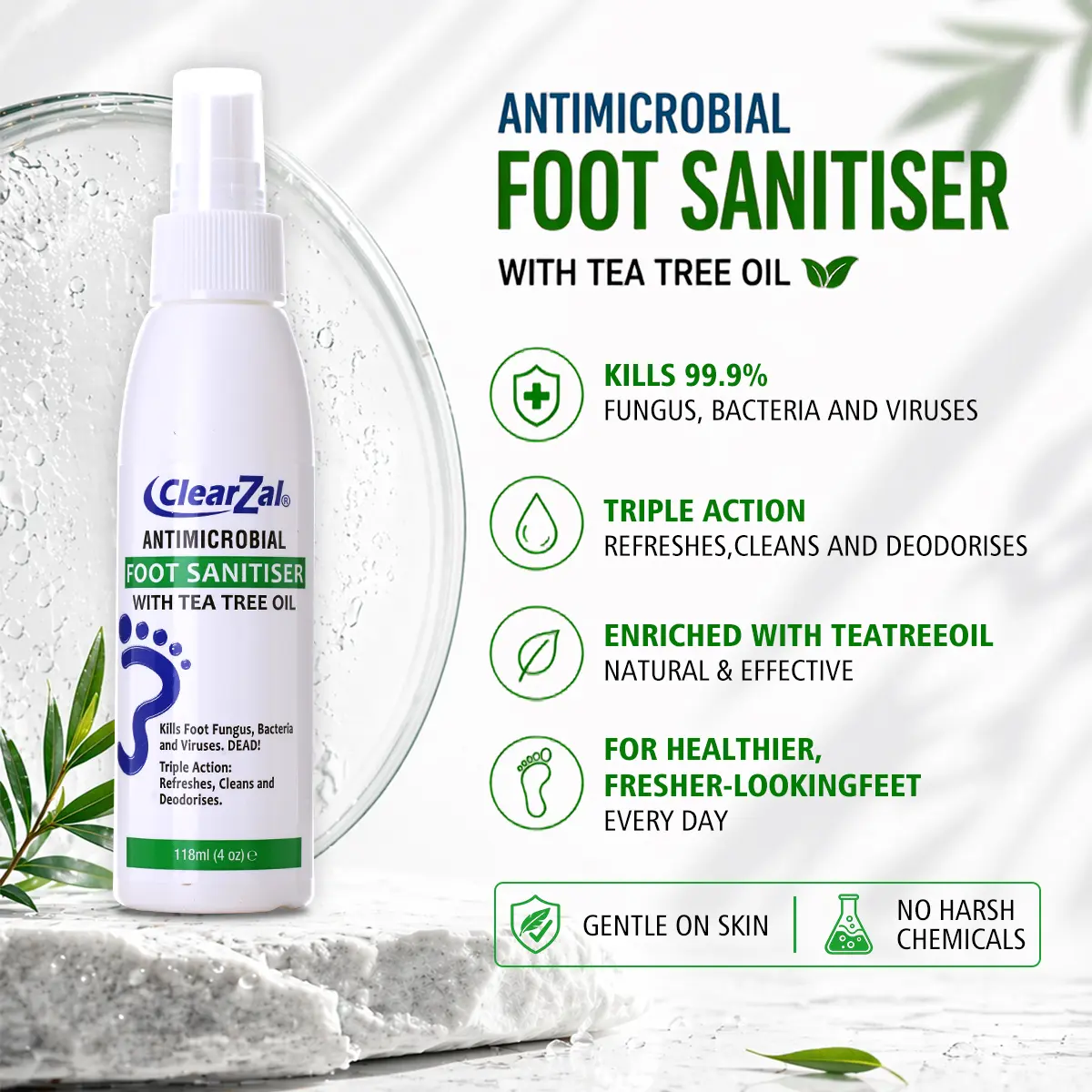ClearZal Foot Sanitizer Spray with Tea Tree Oil, 4-Ounce Bottle ,Contains natural tea tree oil and aloe vera Fungal infection of feet, burning, itching, dandruff [Combination pack]