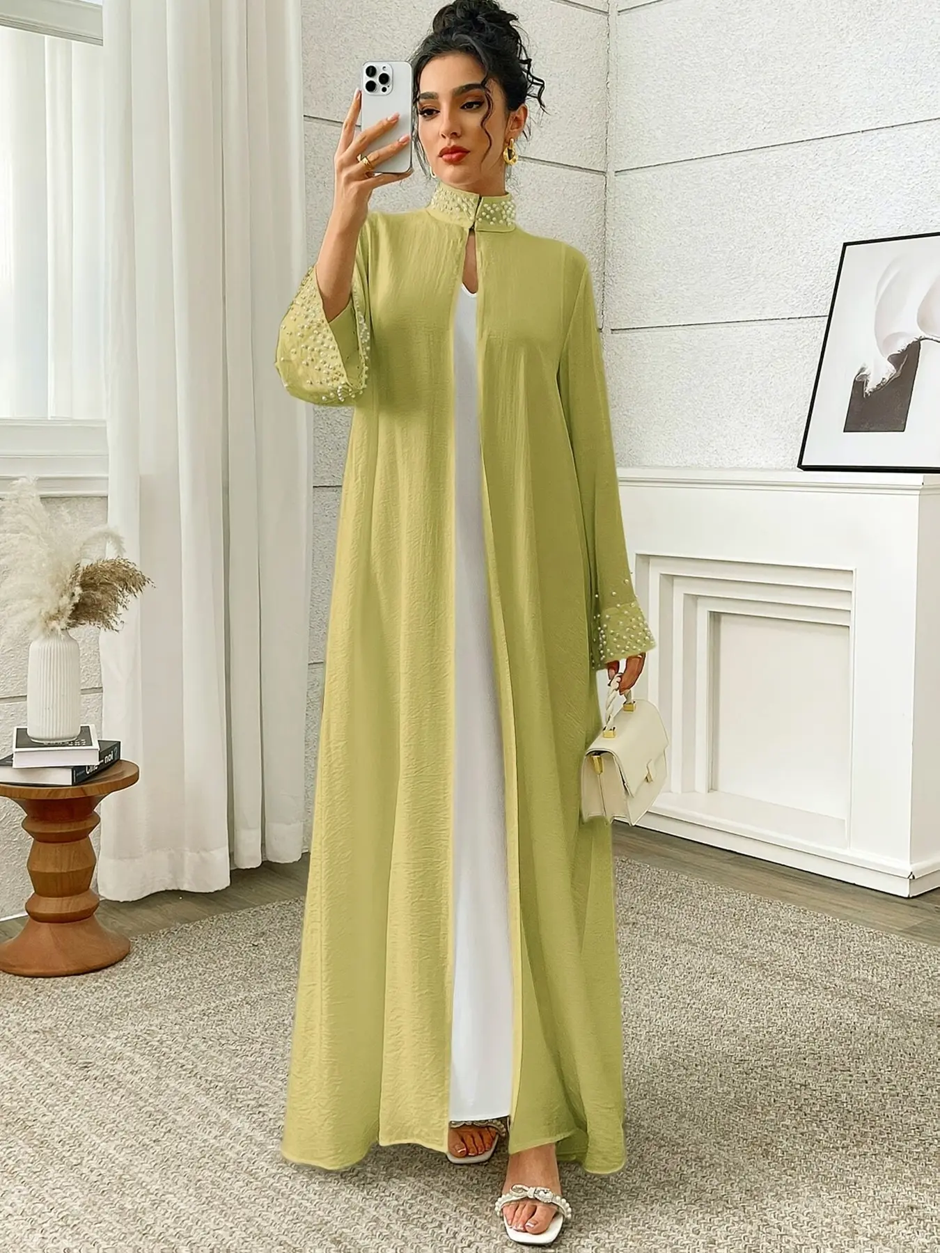 Middle Eastern Muslim Elegant Fashion Pearl Long Sleeve Open Front Kaftan Boubou Robe, Elegant Islamic Clothing, Arab Women, Stylish and Comfortable, Perfect for Daily Wear