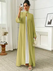 Middle Eastern Muslim Elegant Fashion Pearl Long Sleeve Open Front Kaftan Boubou Robe, Stylish and Comfortable, Perfect for Daily Wear