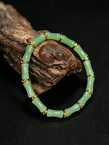 Chinese Bamboo Knot Bracelet, Women’s Lucky Bamboo Beaded Bracelet with Green Faux Crystal Beads and Gold Spacers, Oriental Style Lucky Jewelry Symbolizing Harvest, Prosperity and Good Fortune, Handmade Fashion Accessory, Ideal Daily Wear, Holiday, Valent