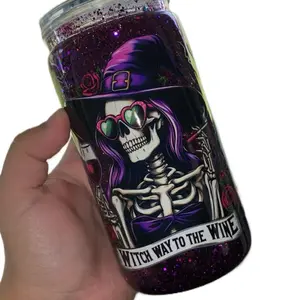 Witch Way to the Wine Tumbler Cup - Sparkly Design with Skeleton Graphic and Purple Accents