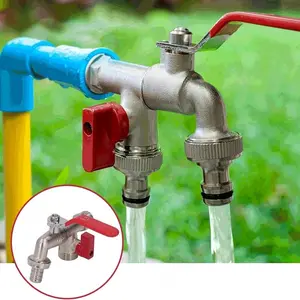 Stainless Steel Garden Hose Faucet with Double Outlet, Universal Threaded Outdoor Water Faucet, Compatible with Sprayer & Hose Gun for Garden Use