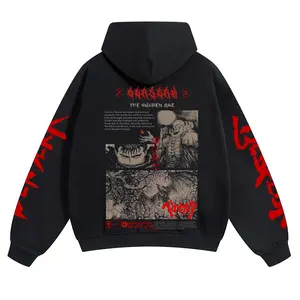 Berserk Hooded Sweatshirt Men's American-Style Washed Fabric Standard Fit USA Made Street Style Hooded Top Autumn Long Sleeve Casual Rock