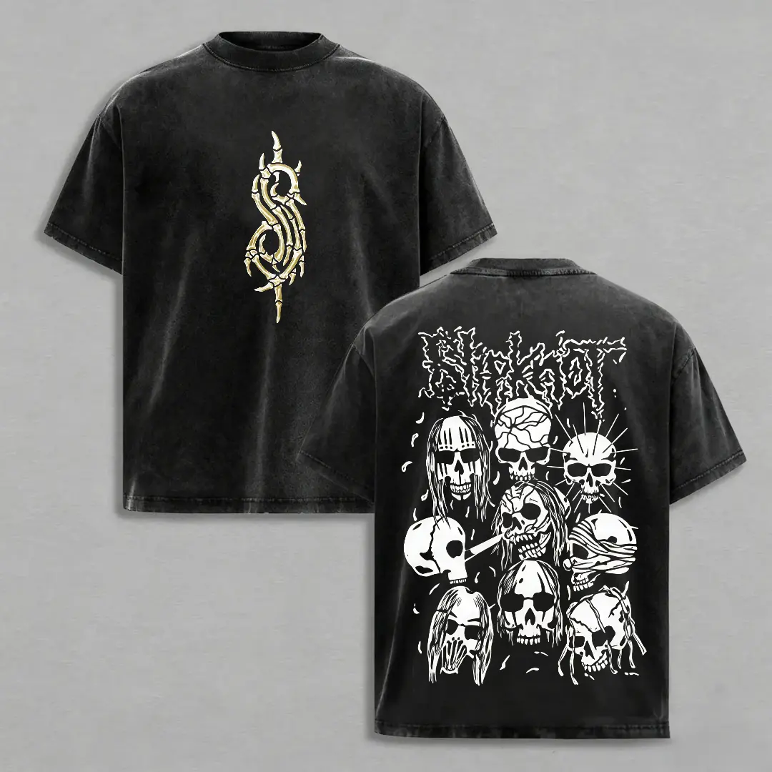 Gothic Vintage Acid Washed Double Sided Slipknot Bone Logo Horror Skull Print T Shirt Distressed Cotton Punk Street Top Suitable for Daily Travel Rock Concert Outdoor Sports Music Festivals Surprise Apparel Gift for Slipknot Band Fans