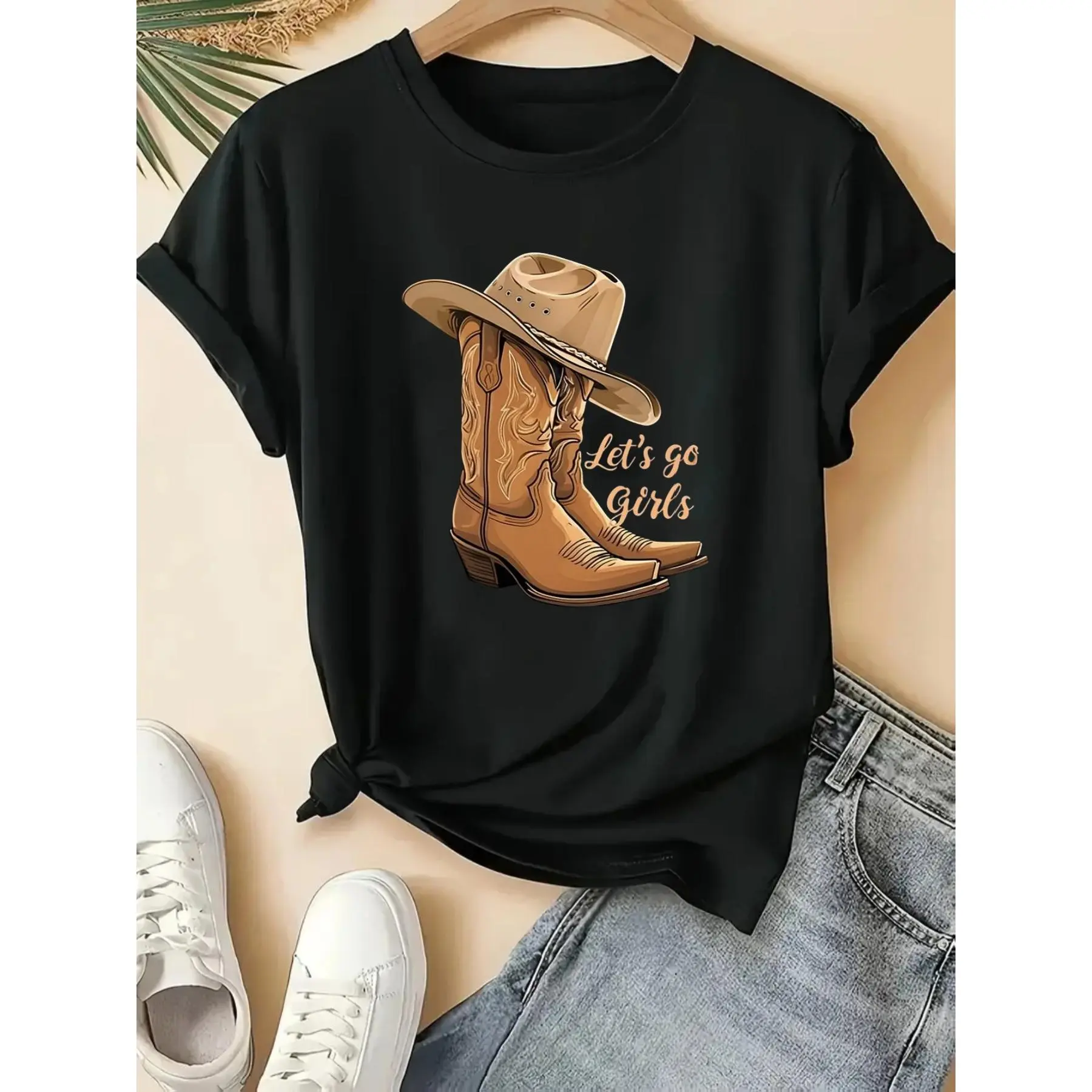 Women's Western T-Shirt - Cowboy Print Graphic, Applique Detail, Casual Short-Sleeve Crew Neck, Polyester-Elastane Micro Elastic Fabric, Machine Washable Basic Comfy Women's Tops for Daily OOTD