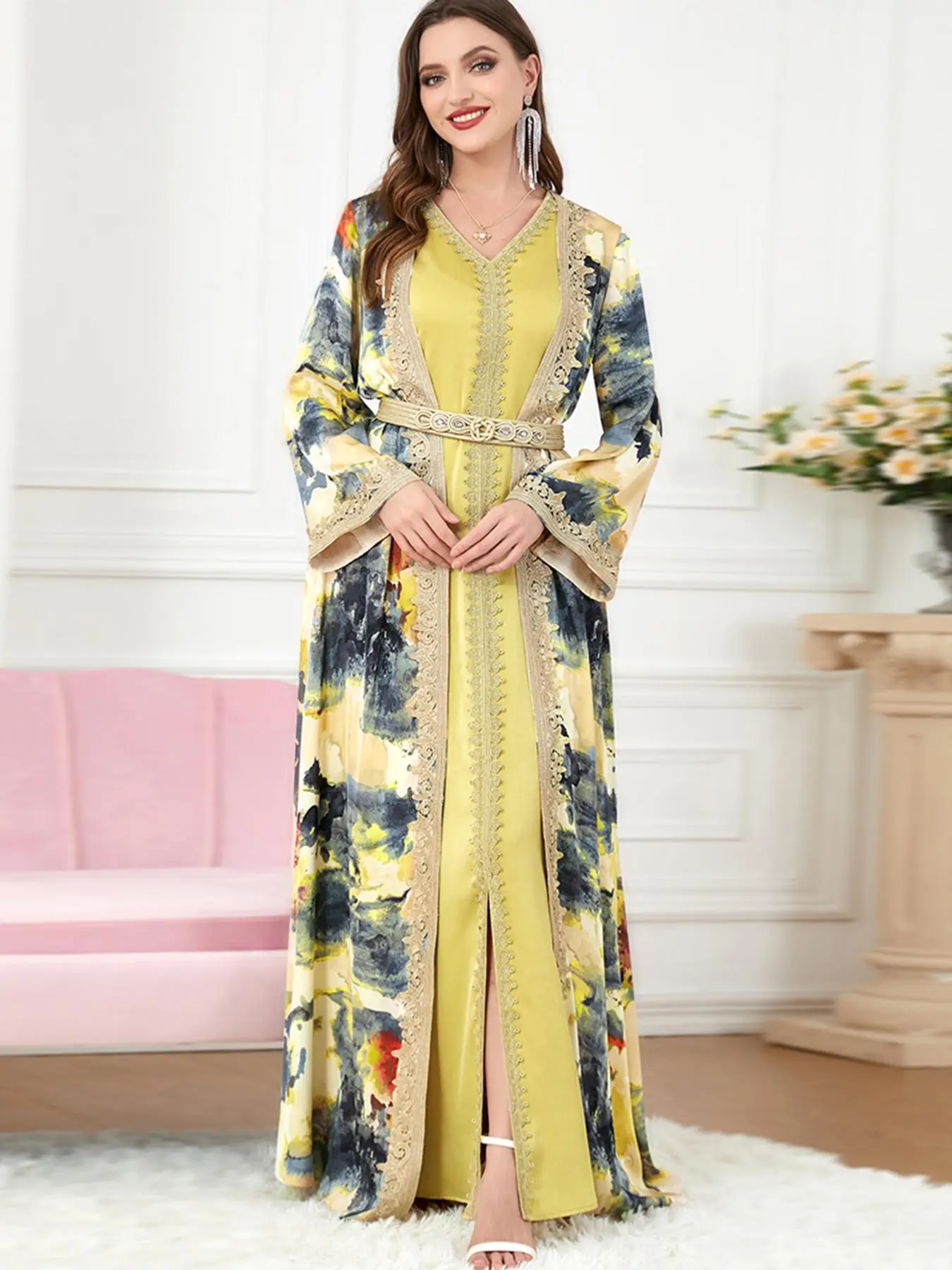 Arabic Clothing-Tie Dye Embroidery Appliques Split Arabian Dress, Asian Modest Suits Eid, Moroccan Thobes, Festival Outfits, Women's Spring Muslim Cl