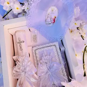 Traditional Religious First Communion Candle Set - 8in Candle, Rosary, New Testament, Decorative Elements in Box for Boys & Girls (English, Spanish)