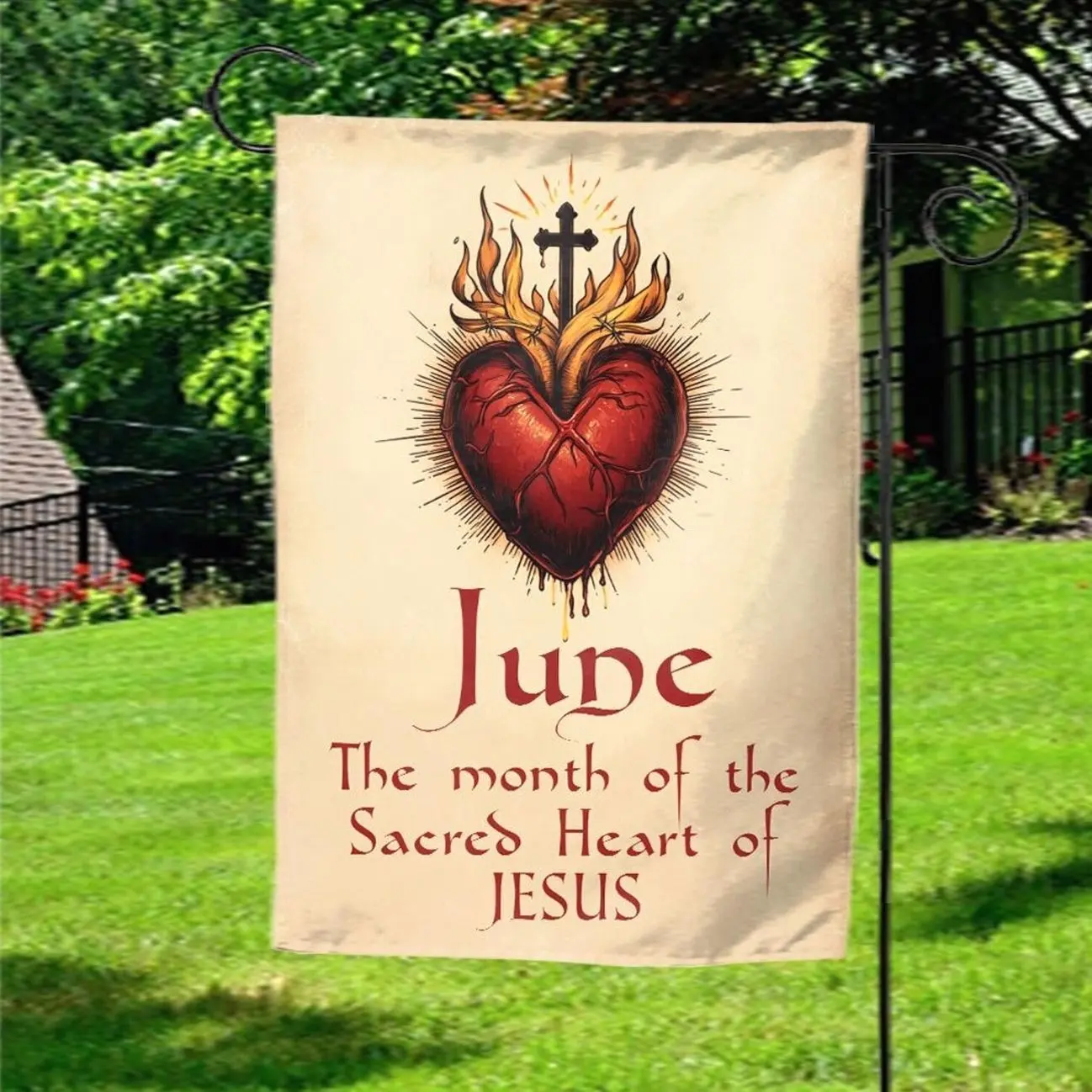 Sacred Heart of Jesus Garden Flag, Catholic Religious Outdoor Banner, June Devotion Decor for Priest Deacon Fathers Day