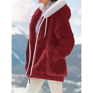 Autumn and winter loose plush hooded jacket, warm mid-length coat