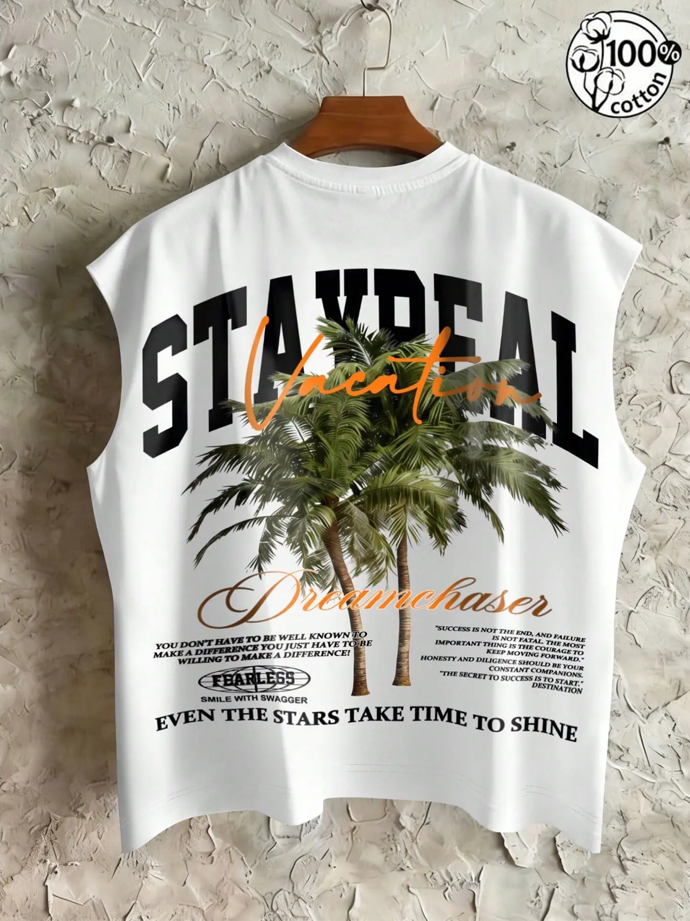 Unisex 100% Cotton White Loose Sleeveless Tank Beach Tank Tops | Front & Back "Vacation" Graphic Palm Print Tropical Vacation Streetwear Top