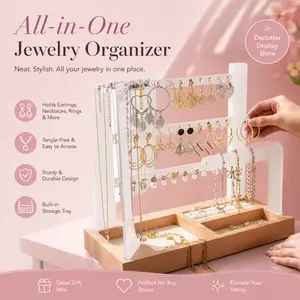 White Acrylic Jewelry Organizer Stand with Wood Base, 3-Tier Earring Necklace Holder and Ring Tray