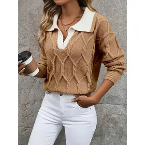 Plus Size, Rice Leaf Directional Elegant Fashion Autumn Winter Plus Size Color Block Turn- Collar Long Sleeve Women's Jumper