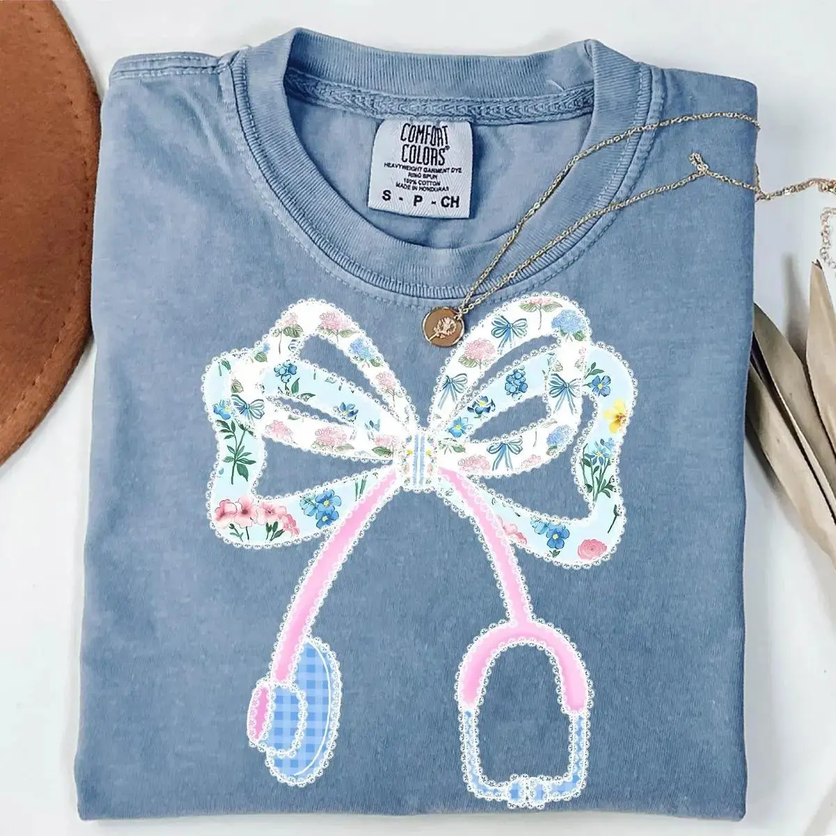Floral Stethoscope Nurse T-Shirt, Preppy Blue Floral Nurse Tee, RN CNA Nurse Shirt, Nursing Student Gift