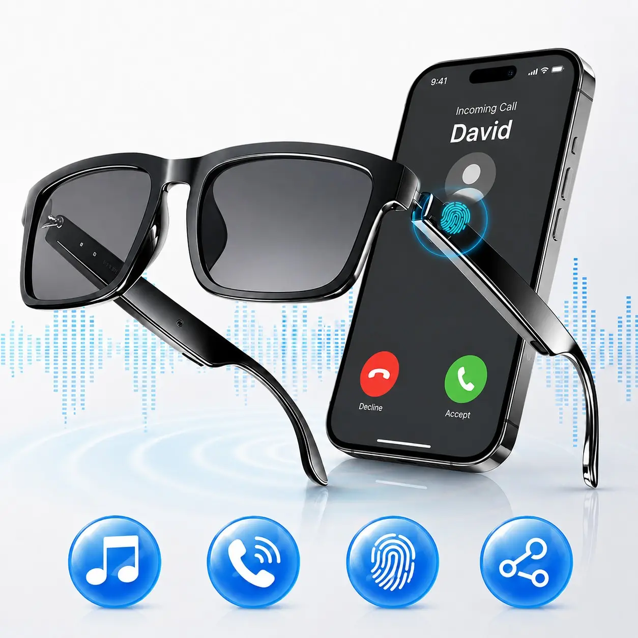 Smart Audio Glasses, Wireless Audio Glasses, Multifunctional Smart Glasses, Wearable Bluetooth Sunglasses and Blue Light Glasses, Built in Open Ear Speakers, Touch Control, Hands-Free Calling, Rechargeable Glasses for Outdoor Indoor Use
