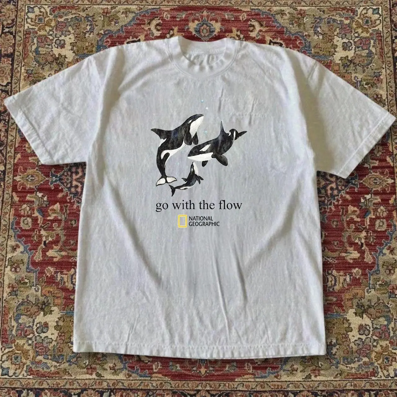 National Geographic Orca Whale T-Shirt | Go With The Flow Ocean Marine Graphic Tee Off Casual Shirt