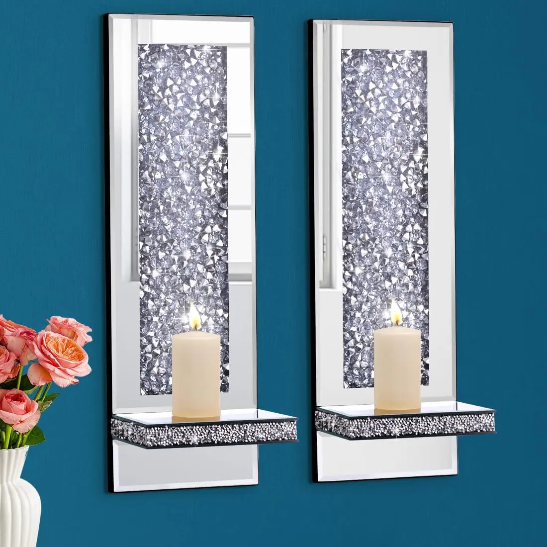 Crush  Mirrored Candle Sconces,  Wall Candle Holder Set of 2, Wall Decorations for Living RoomDining Room (Rectangle (Style 4))