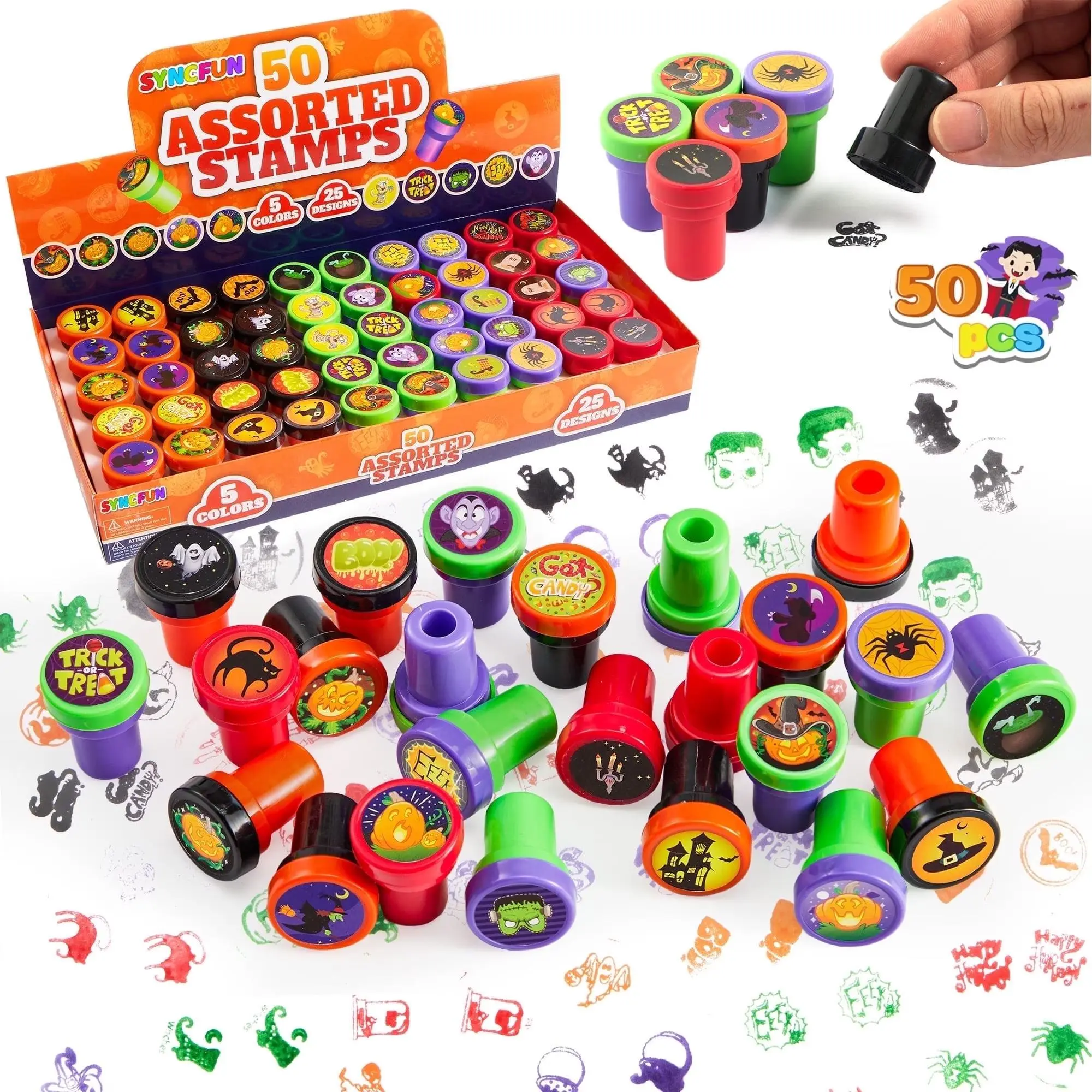 Kids Safe Halloween Self-Inking Stamp Set - 25/50/100 Piece Colorful Spooky Ghost Designs Assorted Trick-or-Treat Stampers, Party Favors & Classroom Rewards Goodie Bag Fillers by Joyfy