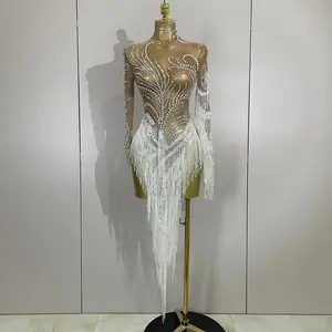 Women's Formal Sheer Mesh Dress with Sparkly Rhinestones, Pearls, Sequins, and Tassels