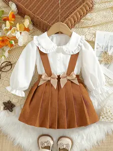 Baby Girl Valentine's Day Set, Gift Sets, Sweet Cute Style, Ruffle Collar Pure Color Blouse, Bowknot Pleated Skirt, Perfect for & Parties, Fitted Design