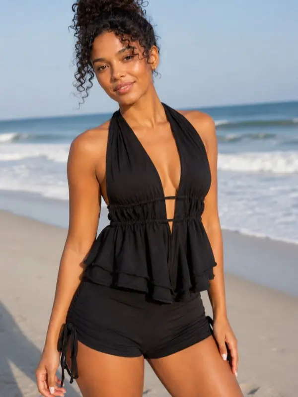 Layla Sexy Shorts Set | Women's Halter Backless Ruffle Outfit | Summer Beach Vacation Set