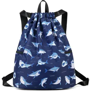 Children Boy Girl Ocean Shark Print Drawstring Backpack Outdoor Casaul Portable Shoulder Bag Swim Gymsack Sack Pack Dark Blue
