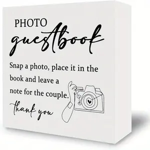 Wedding Desk Decor Decorations - Photo Guest Book Wooden Box Sign, Modern Minimalist Wedding Decor Wood Block Plaque Box Sign for Wedding Reception Table Decoration, 5x5 Inches