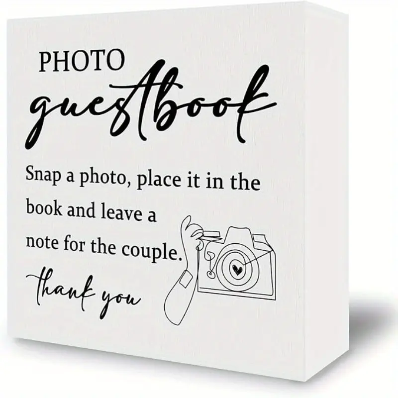 Wedding Desk Decor Decorations - Photo Guest Book Wooden Box Sign, Modern Minimalist Wedding Decor Wood Block Decorative Plaque Box Sign for Wedding Reception Table Decoration, Wedding Signage, 5x5 Inches