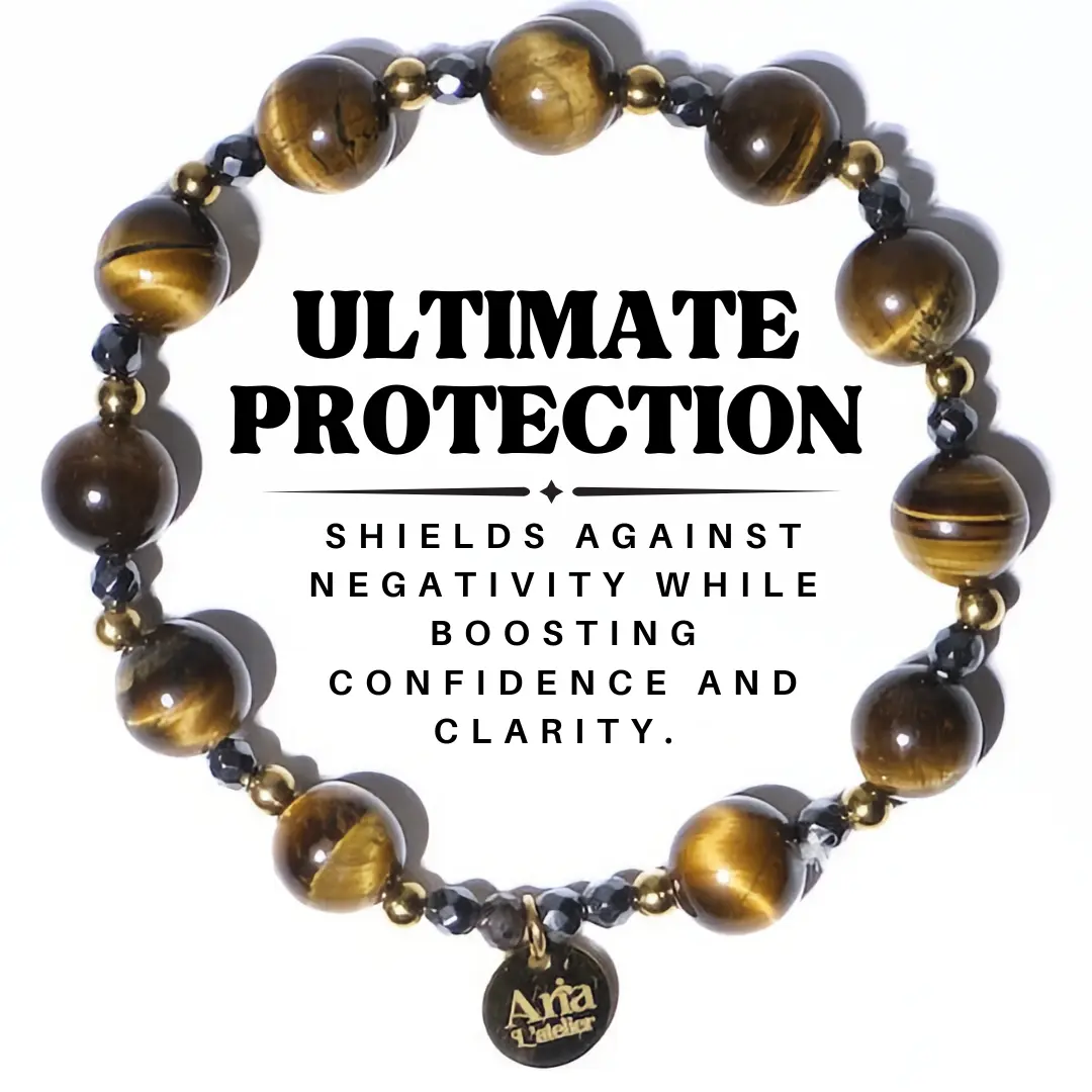 Ultimate Protection Bracelet - Tiger Eye and Hematite - Shield Negative Energy - Cleansed 10mm Natural Gemstones with Stainless Steel PVD Gold Plated | USA Handmade | Hypoallergenic | Crystal Bracelet | WaterProof | Tarnish-Free