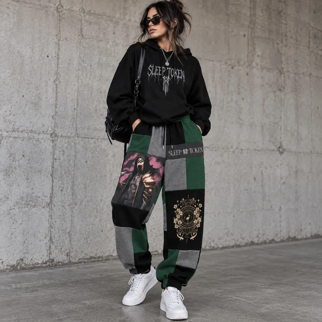 Gothic Patchwork Sweatpants, Dark Fantasy Graphic Jogger Pants, Pink- Green Color Block Streetwear Joggers, Alternative Casual Unisex Pants for Men & Women