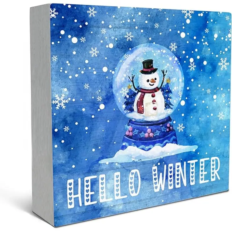 Hello Winter Snowman Christmas Wood Box Sign Desk Decor, Snowman Christmas Decorations, Blue Winter Xmas Snow Globe Theme Wooden Block Box Sign Decoration for Home Room Bedroom Shelf Table,5x5 inch