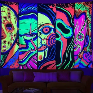 Black Light Art Halloween Tapestry, Wall Decoration Psychedelic Black Light Scary Face Tapestry, UV Reactive Tapestry That Glows in The Dark, Suitable for Bedroom And Living Room outdoorfun