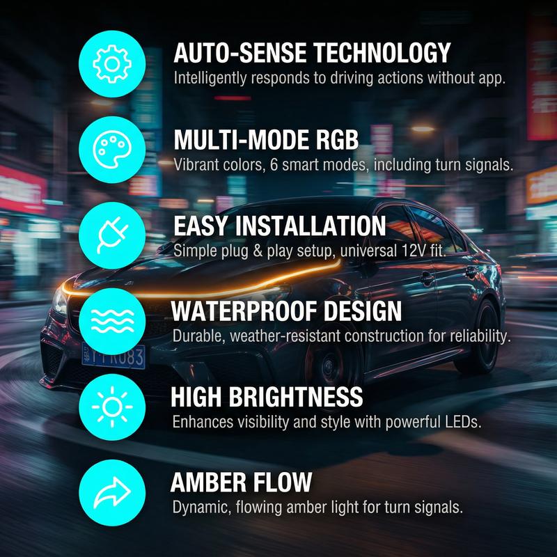Smart Hood LED Light That Reacts to Your Driving – Auto RGB Flow Strip for Cars & Trucks | JAXEST