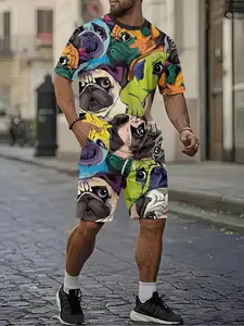 Colorful Pug full-print men's 3D digital printed two-piece set, 2Pcs, trendy and fashionable set, trendy retro casual two-piece set, vacation-style trendy outfit, breathable sports and leisure style, a perfect holiday gift for men, Top