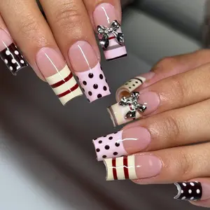 A17 Polka Stripe Bow Press-On Nails, Dot and Line Design with 3D Bow Accent, Cute Chic Style, Everyday Nails, Gift for Her