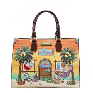 Nicole Lee Sun and Sand Satchel Bag with Tropical Island Design and Palm Tree Motif