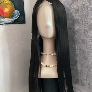 Lace Front 60cm Long Straight Black Middle-Part Wig for Women - Perfect for Everyday Wear
