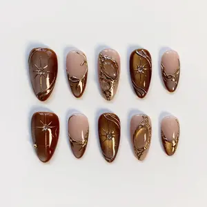 Fall Cat Eye Amber Press On Nails, Glitter Nail, 3D Gold Chrome Nails