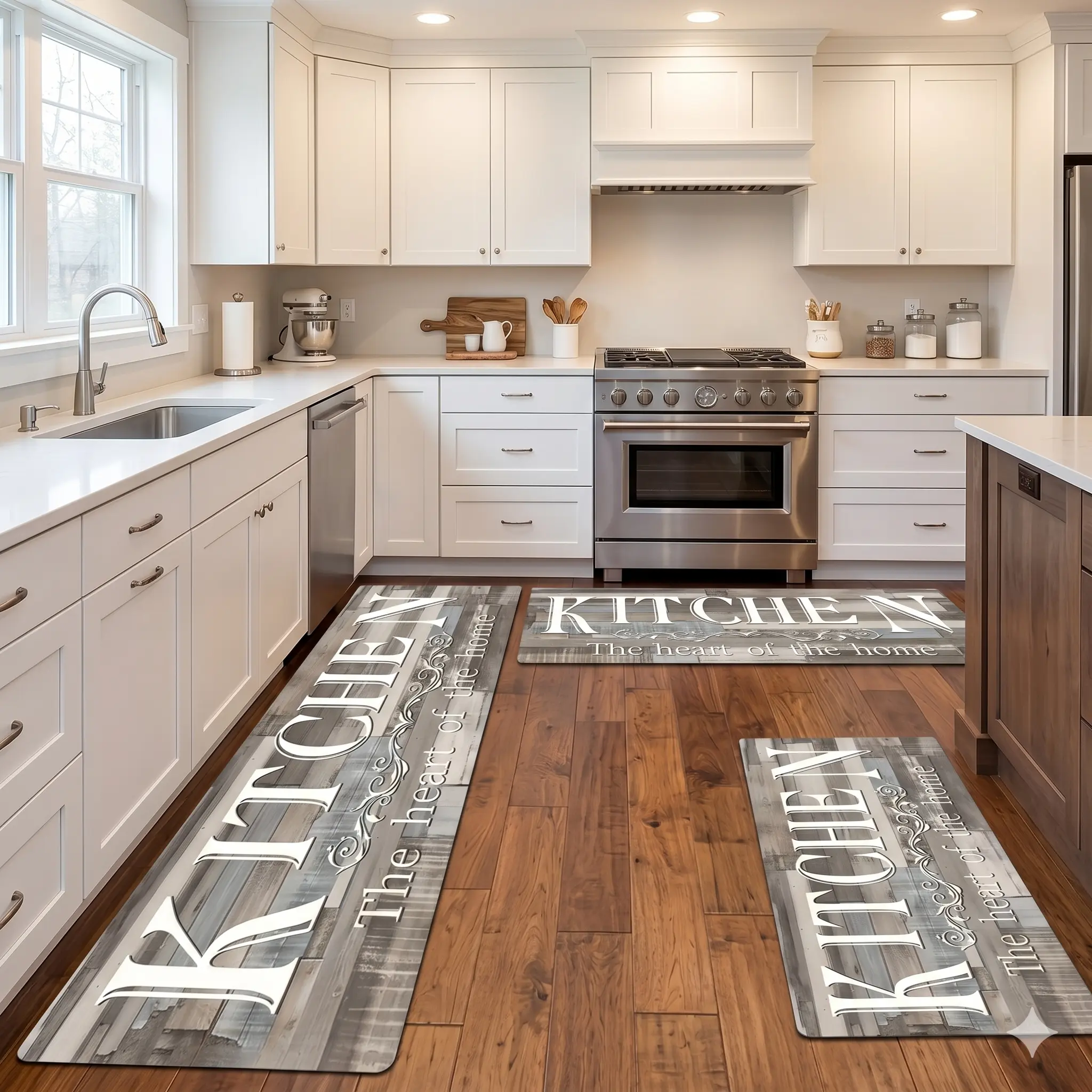 3 Piece Farmhouse Kitchen Rug Set, Rustic Wooden Plank KITCHEN Letter Print Anti Fatigue Floor Mats, Non Slip Stain Resistant Washable Kitchen Runner Rugs for Farm Home Kitchen Sink Floor Decor