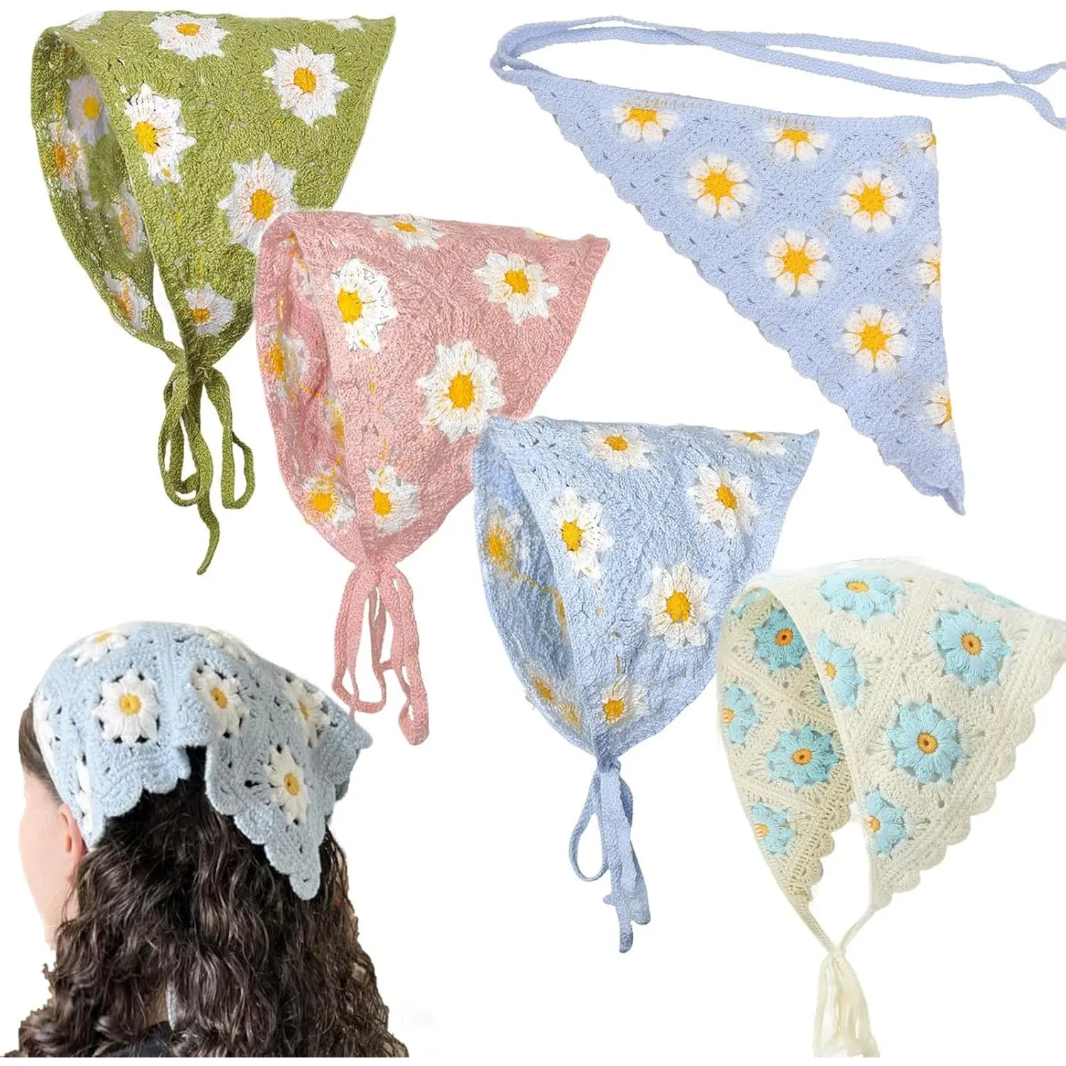 4 Pack Crochet Headbands for Women, Vintage Daisy Floral Knitted Cotton Hair Scarf, Adjustable Bohemian Style Soft Headband Hair Accessories, Female, Country Chic