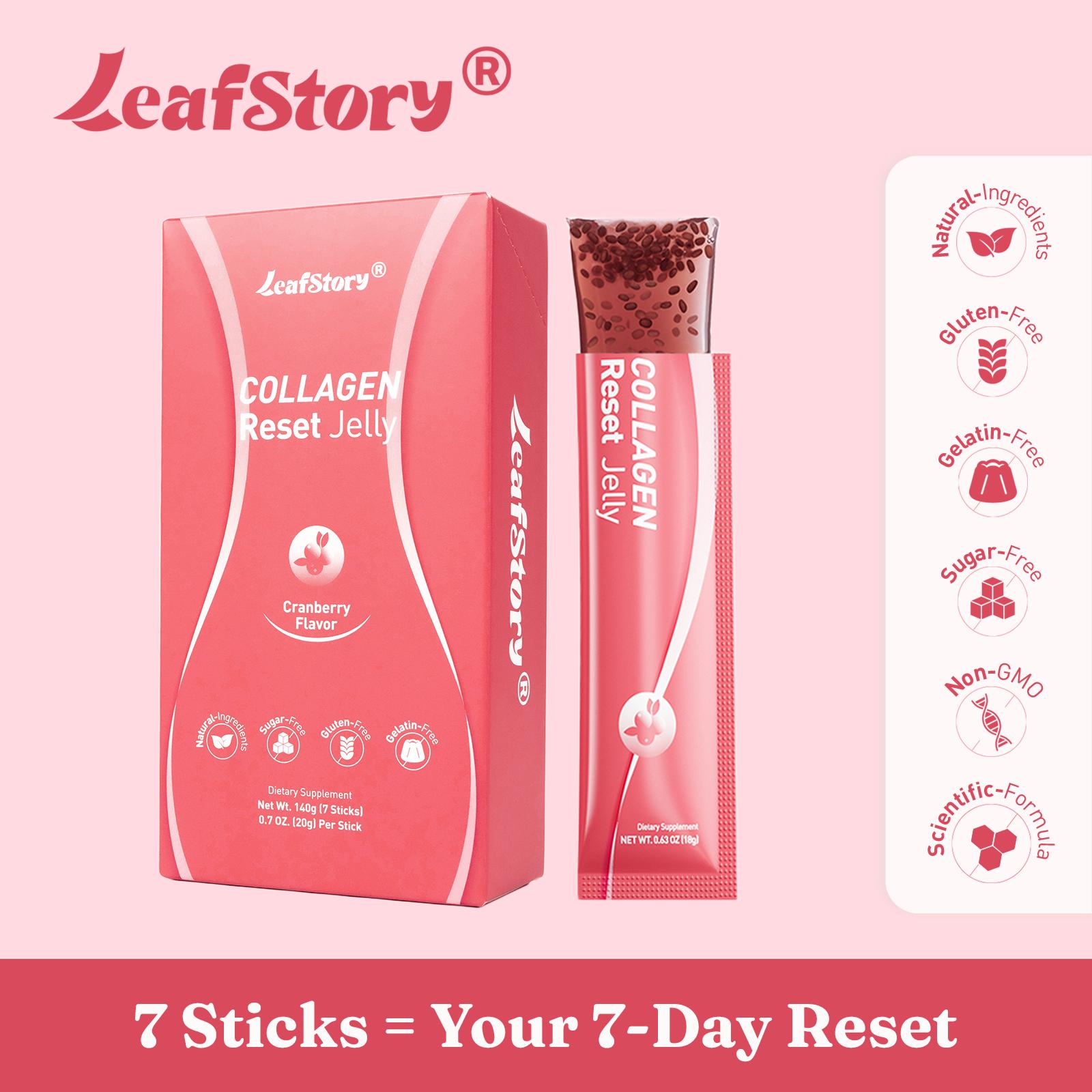 Leafstory Collagen Reset Jelly (7 Sticks): Cranberry Flavor, Collagen, Support Digestion & Gut Health, Skin Elasticity, Hair & Nails, Dietary Fiber, Chia Seeds, Sugar-Free, Gluten-Free, Non-GMO, Gelatin-Free, Natural Ingredients-X