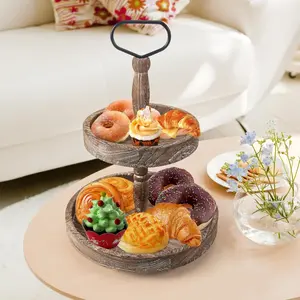 2 Tiered Tray Stand, Farmhouse Tiered Tray Stand with Metal Handle for Home Kitchen Decor, Wooden Rustic Two Tiered Serving Tray Coffee Table Tray for Holiday Decor, Tray ONLY(Rustic Wood)