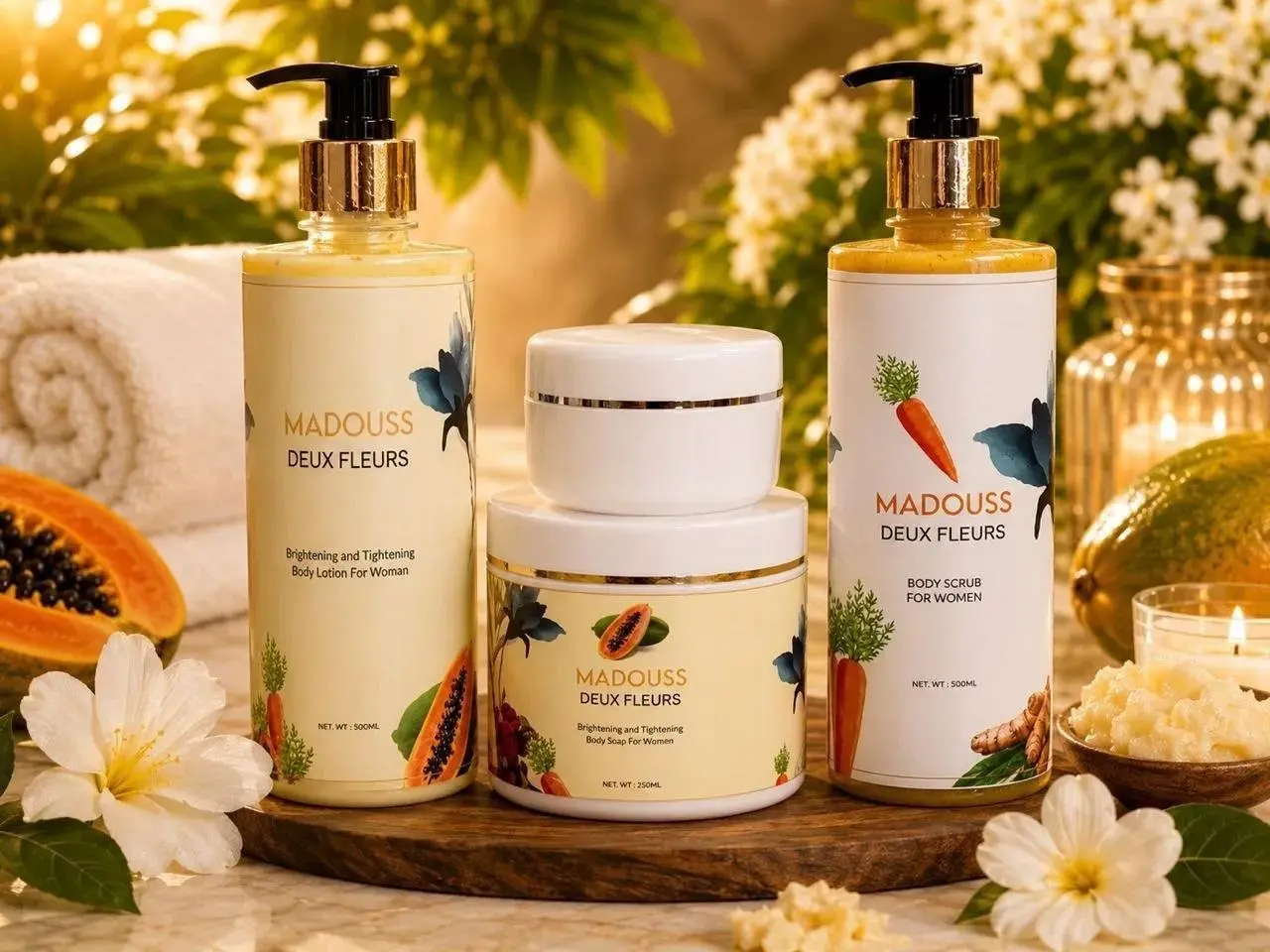Turmeric & Papaya Brightening Daily Body Care Set - Exfoliant Scrub, Butter & Lotion for Glowing Skin