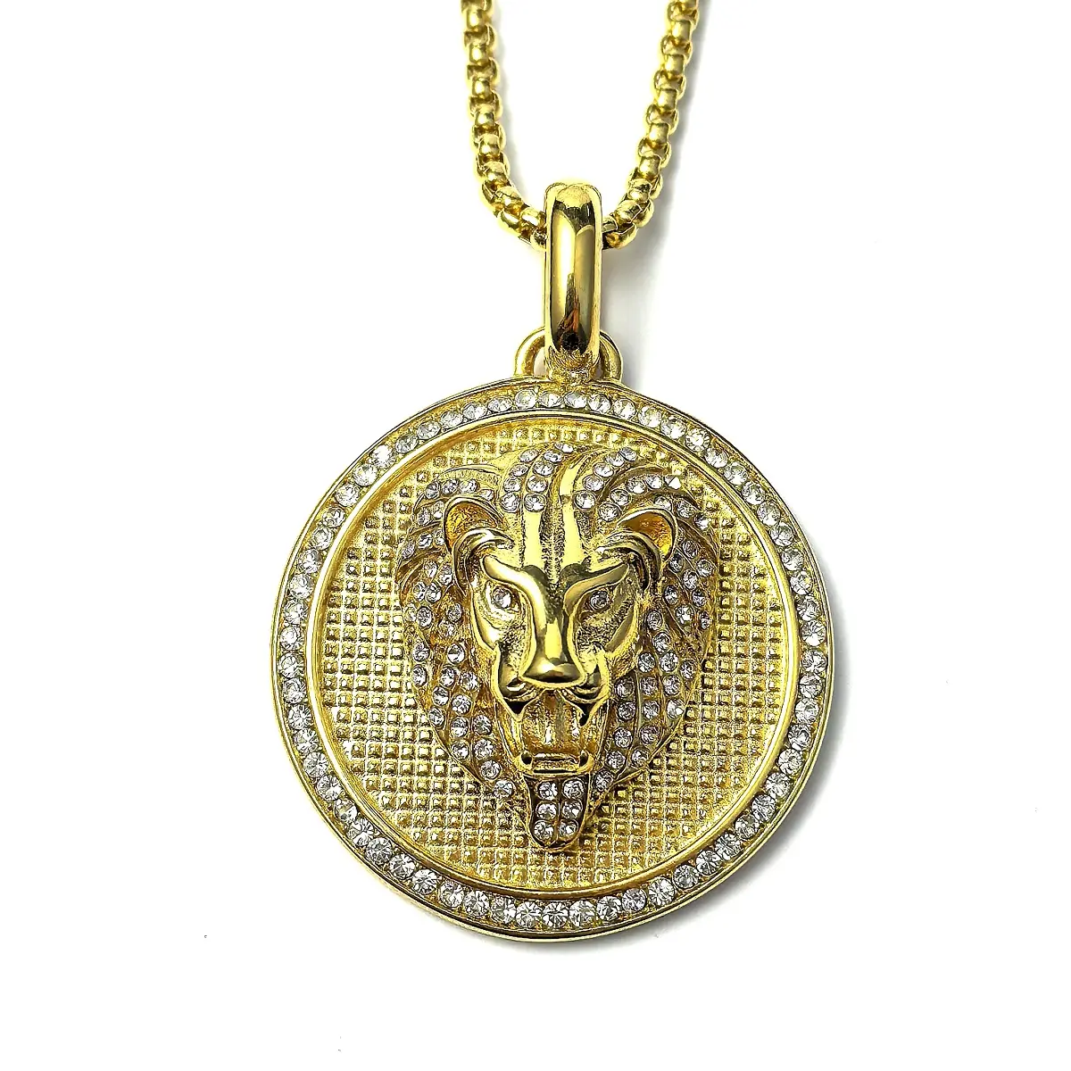Fanshu Stainless Steel Gold-Plated Luxury Hip Hop Iced Out Lion Head Pendant Elegant Necklace - Rhinestone Amulet, Men's Fashion Jewelry Gift, Chain Necklaces, Durable Jewelry