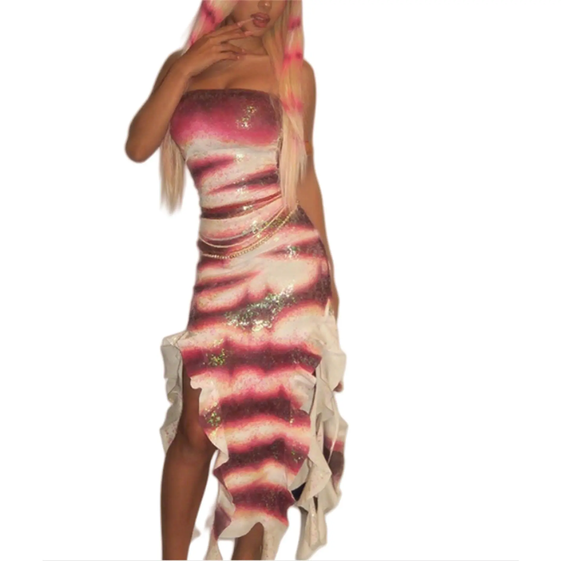 Women Halloween Shark Tale Lola Costume Dress Anime Sexy Ruffle Hem Fish Strapless Tube Cosplay Maxi Dress