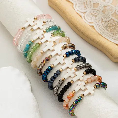 Boho Style Cross Charm Beaded Bracelet, Colorful Artificial Crystal Beaded Bracelet for Women & Men, All-match Jewelry for Birthday Gift, Beautiful Bracelets