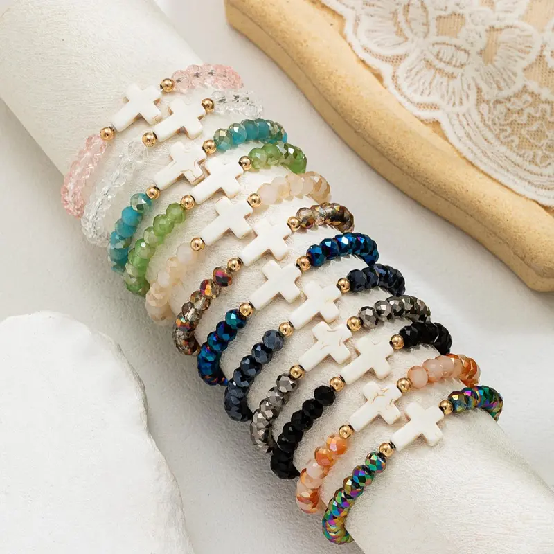 Boho Style Cross Charm Beaded Bracelet, Colorful Artificial Crystal Beaded Bracelet for Women & Men, All-match Jewelry for Birthday Gift, Beautiful Bracelets