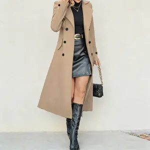 Women Winter Wool Blend Mid-Long Coat Notch Double-Breasted Lapel Jacket Outwear, Women's Solid Double Button Woolen Coat, Elegant Long Sleeve for Women Outerwear Grey Open Front Blazer Oversized Plaid Flannel skylar jacket outfit fur boots